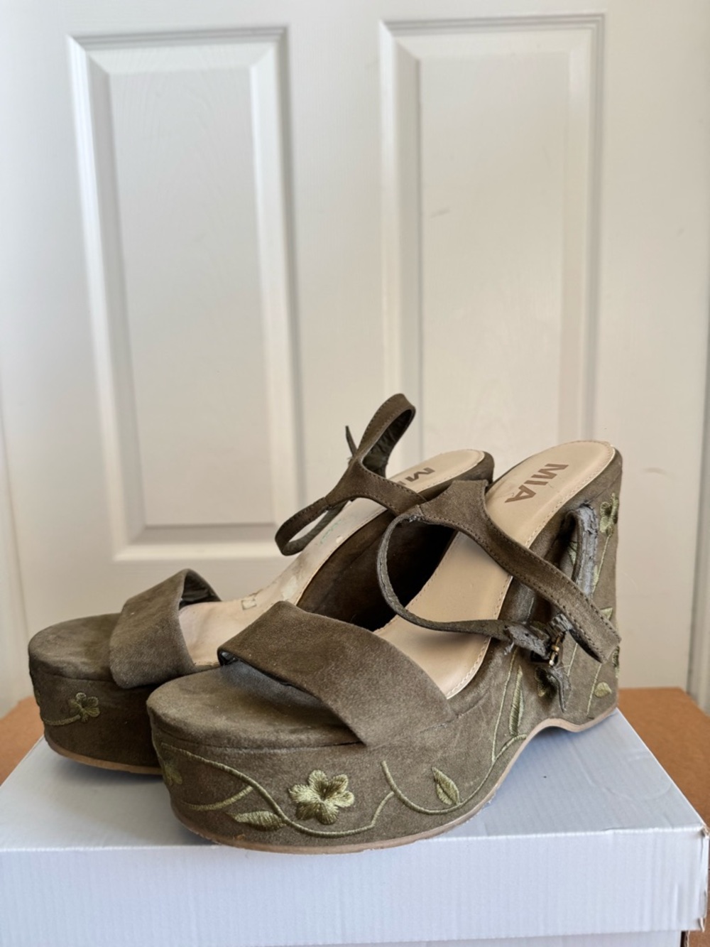 MIA Olive Suede Embroidered Platform Wedges